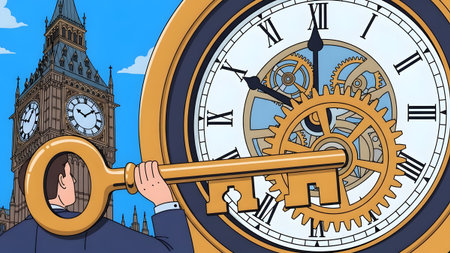 Man holds large golden key in front of a clock tower and intricate gears. Clear details and vibra...