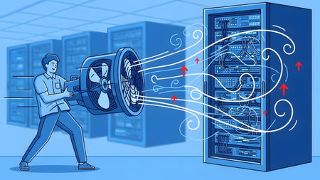 Man directs airflow from a large fan towards server racks in a data center Clear details and vibr...