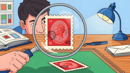 A person uses a magnifying glass and tweezers to examine a red postage stamp on a desk.