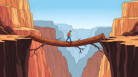 A person carefully walks across a log bridging a deep, rocky canyon. Clear details and vibrant co...の写真素材