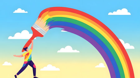 A person paints a vibrant rainbow across a blue sky with fluffy white clouds. Clear details and v...の写真素材