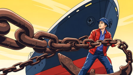 A man in a red jacket and blue cap grips a large anchor chain next to a ship. Clear details and v...