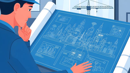 Engineer studies a smart city blueprint with data networks and a construction crane.