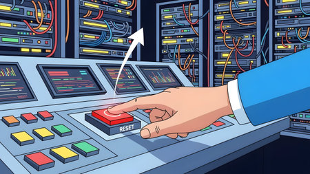 A hand presses a red reset button on a control panel in front of server racks. Clear details and ...