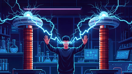 A man with glowing eyes stands between two Tesla coils with intense electrical arcs surrounding him.の写真素材