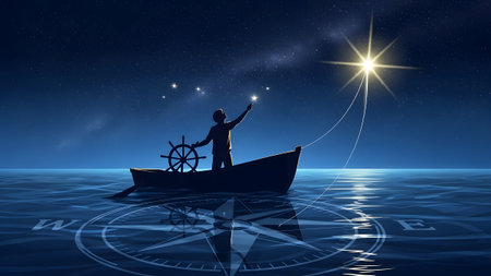 Man in a boat reaches for a bright star with a compass reflected on the water. Clear details and ...の写真素材