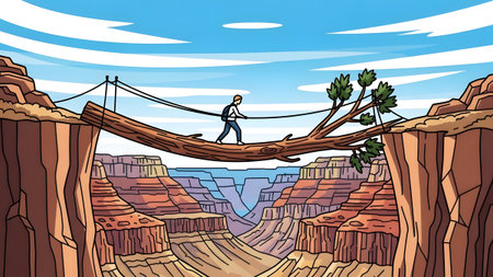 A person walks across a fallen tree spanning a vast canyon with layered rock formations.の写真素材