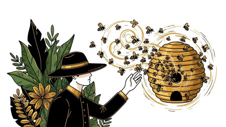 A man in a hat stands near a beehive with swirling bees and green foliage on white.