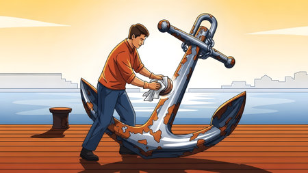A man in an orange shirt wipes a rusty anchor with a cloth on a wooden dock by the water.
