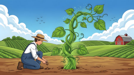 Stock showing farmer kneels planting a beanstalk in a green rural landscape. High...の写真素材
