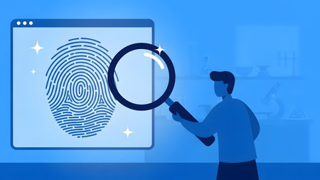 A person uses a magnifying glass to examine a detailed fingerprint displayed on a digital screen.の写真素材