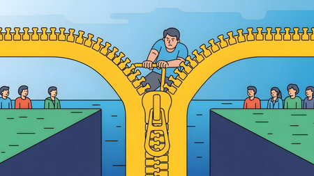 A man zips a gap between two groups of people on opposite shores, symbolizing connection.の写真素材