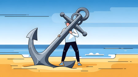 A person stands on a sandy beach holding a large anchor with the ocean and sky in the background.の写真素材