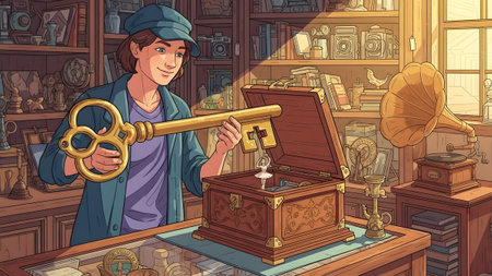 A person holds a large golden key to an open ornate wooden music box with a ballerina inside, in...の写真素材