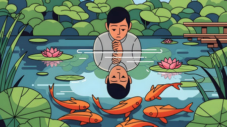 Man showing man with hands clasped looking into koi pond with reflection and water lilies. High...