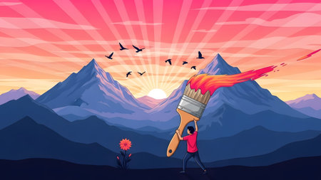 A person holds a giant paintbrush with fiery paint against a mountain sunset. Clear details and v...の写真素材