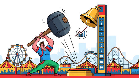 Muscular man swings a giant mallet to hit a bell at an amusement park. Clear details and vibrant ...