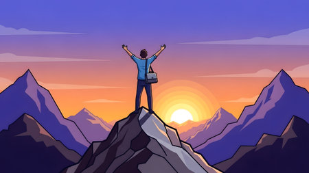Person with arms raised in triumph on a mountain summit against a vibrant sunset. Clear details a...
