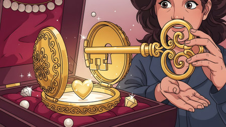 Woman with ornate golden key opening a treasure chest filled with jewelry and gems.の写真素材