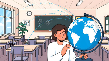 Woman holds a globe in a classroom with desks and a world map on the blackboard. Clear details an...の写真素材