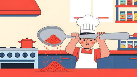 A young chef holds a large spoon filled with red spices in a bright, colorful kitchen.の写真素材
