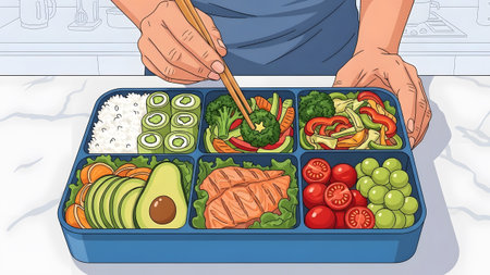 A person uses chopsticks to pick food from a blue bento box filled with various healthy items.の写真素材