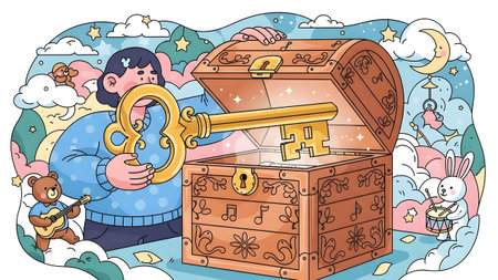 Fantasy showing person holding large golden key to open treasure chest with toysの写真素材