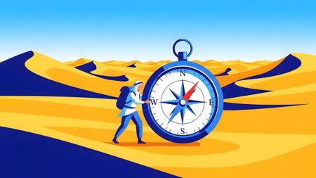 A hiker pushes a large compass through a desert with sand dunes under a blue sky. Clear details a...