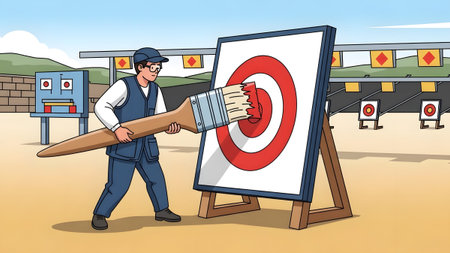 Brush showing man painting target with large brush at shooting range. High resolution image...