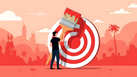 Brush showing man painting target with red paint brush in cityscape. High resolution image...の写真素材