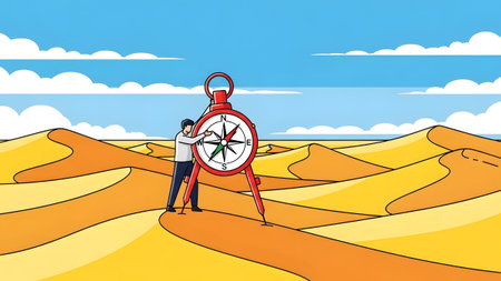 A man adjusts a large compass on a tripod in a desert landscape with rolling sand dunes.