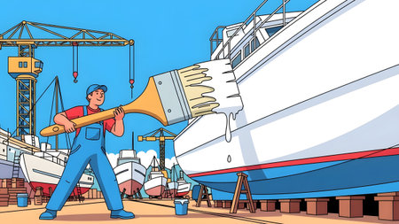 A man in blue overalls paints a white boat with a large brush in a shipyard. Clear details and vi...の写真素材