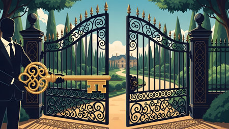 Silhouette man with large golden key opens ornate gates to a grand mansion. Clear details and vib...の写真素材