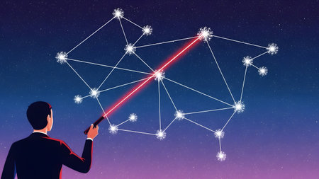 Businessman points a laser at a network of interconnected stars in the night sky. Clear details a...の写真素材