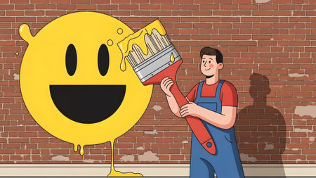 Yellow showing man painting a yellow smiley face on brick wall. High resolution image suitable...の写真素材