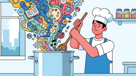 A chef stirs a pot from which colorful icons representing creativity flow upwards. Clear details ...の写真素材