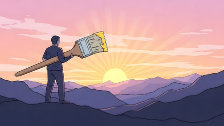 A man holds a giant paintbrush against a vibrant sunrise over a mountainous landscape.の写真素材