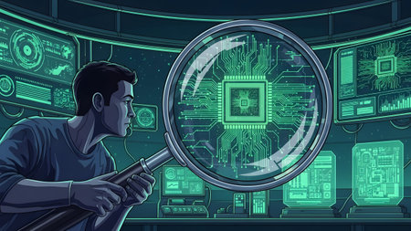 A man inspects a microchip through a magnifying glass in a high-tech lab. Clear details and vibra...