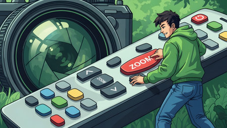 A person presses a zoom button on a remote control with a camera and greenery. Clear details and ...の写真素材