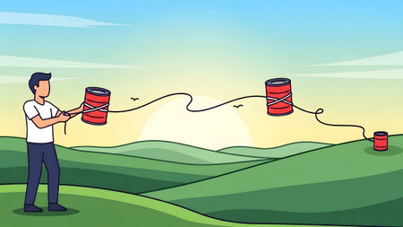 Photo showing person with tin can phones and string in landscape. High resolution image suitable...の写真素材