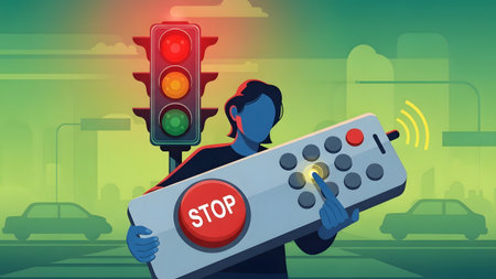 A person holds a remote control and interacts with a traffic light, with cars visible in the...の写真素材
