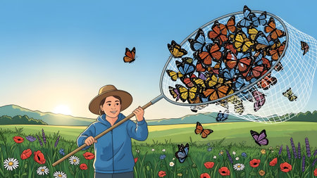 A person wearing a hat holds a net full of butterflies in a field with flowers at sunset.の写真素材