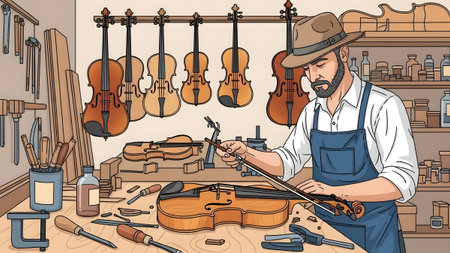 A luthier meticulously works on a violin in a workshop filled with tools and finished instruments.の写真素材