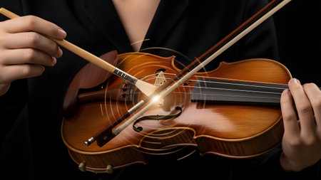 A close-up shot of a person playing a violin, with visible sound waves emanating from the...の写真素材