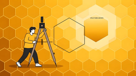 Man showing man using compass on hexagonal shape with text structured growth. High resolution...の写真素材