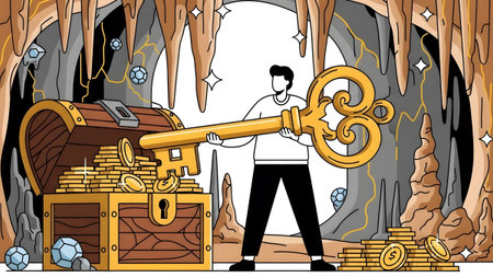 Man holds large golden key in cave filled with treasure chest, gold coins and gems. Clear details...の写真素材