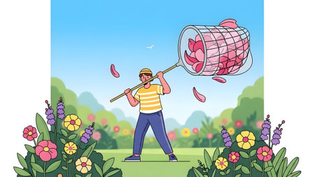 Photo showing man catching pink flower petals in garden with net. High resolution image suitable...の写真素材