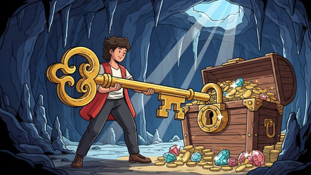 Person holding a large golden key to an open treasure chest filled with gold coins and colorful gemsの写真素材