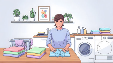 Person folds colorful laundry at a table next to a washing machine and dryer Clear details and vi...の写真素材