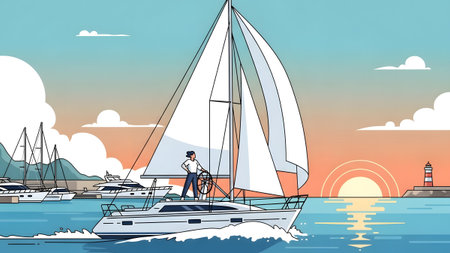 Sailboat glides on water with a lighthouse and sunset on the horizon in the background Clear deta...の写真素材